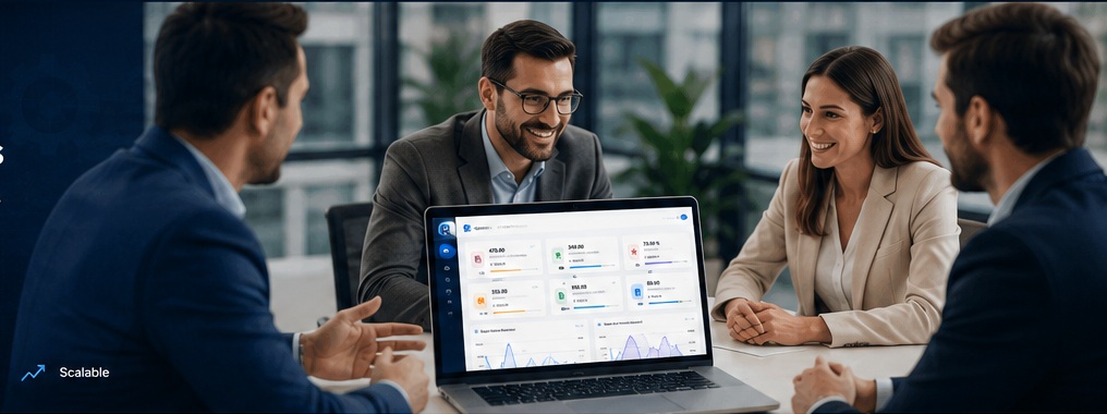RepairNexus CRM being presented to a client on a laptop
